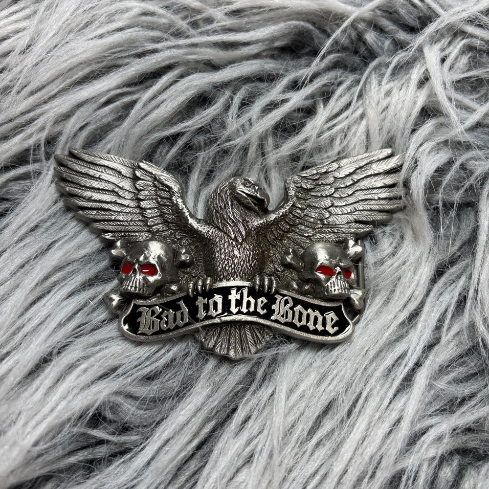 Vintage 1973 Skull‎ Biker Gothic Silver-Toned Metal Belt Buckle Bad to the Bone - Picture 3 of 14